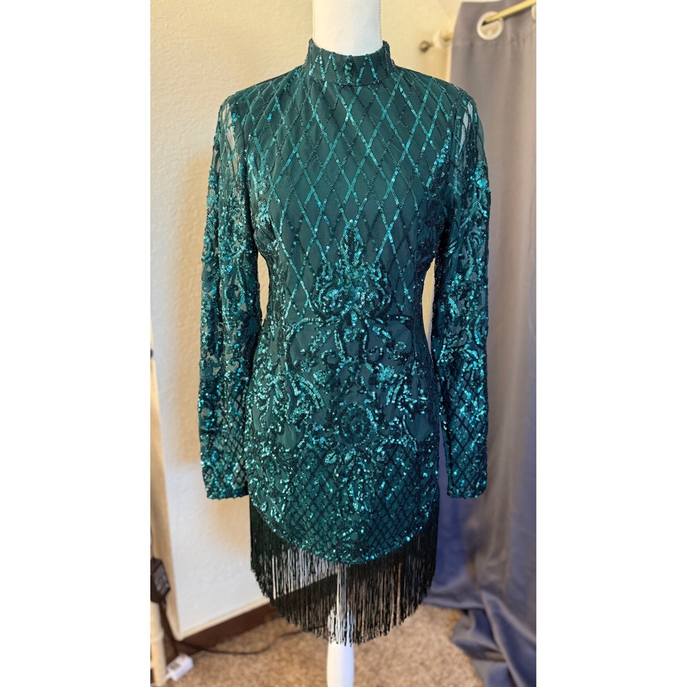 PrettyLittleThing Emerald Green Sequin Long Sleeve Tassel Hem Bodycon  Size 8
